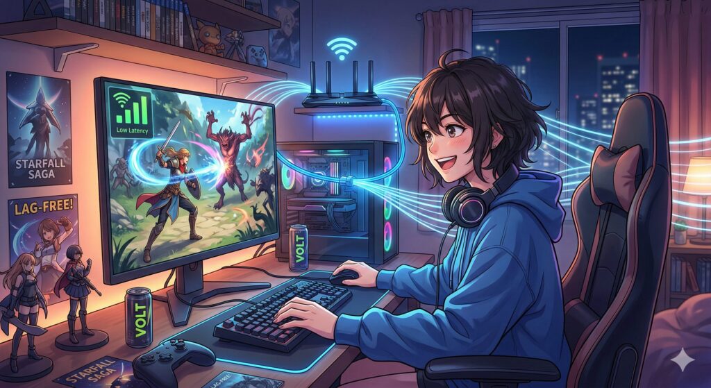 中継機を使って快適にゲームしている様子