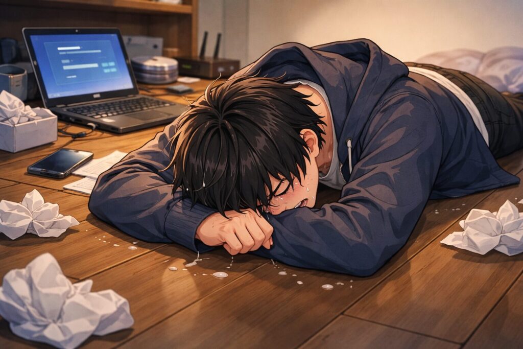 ゆかにつっぷして泣いている様子