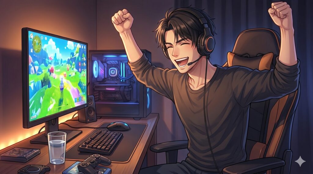 作業が終わってゲームを楽しんでいる様子