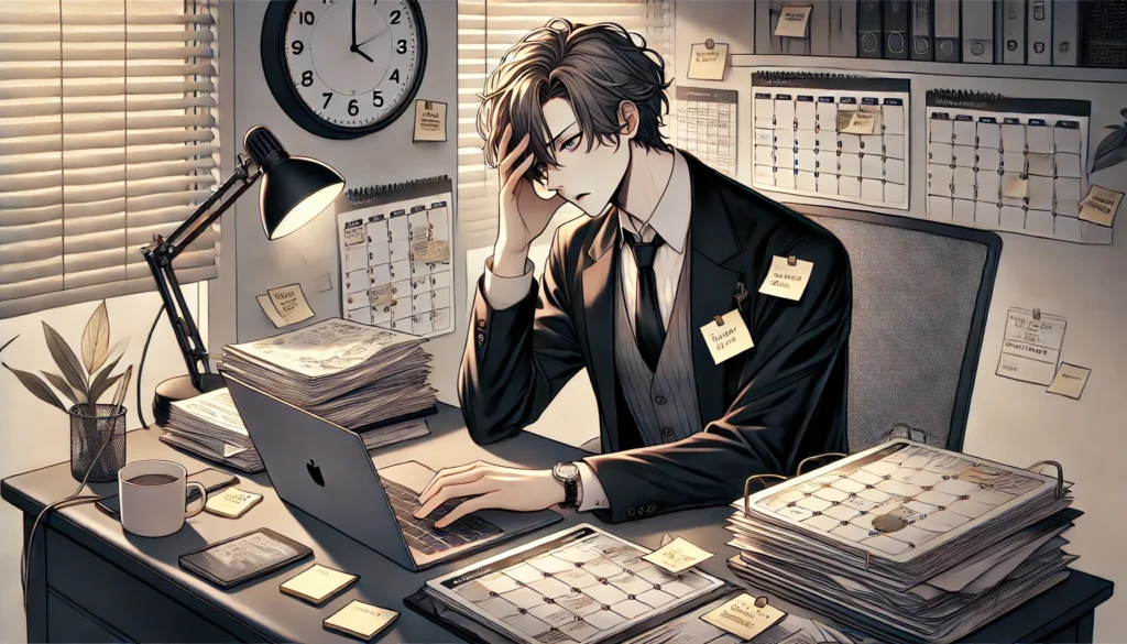 A refined anime-style illustration showing an adult professional overwhelmed by an unmanageable schedule. The character, dressed in business attire, sits at a sleek modern desk with papers, sticky notes, and a laptop displaying multiple notifications and calendar alerts. They hold their head in their hands, looking visibly stressed but composed. The background includes a minimalistic office setting with a clock indicating a late hour, and soft lighting highlights the tension of the moment. The color palette is muted and sophisticated, emphasizing a mature and professional ambiance.