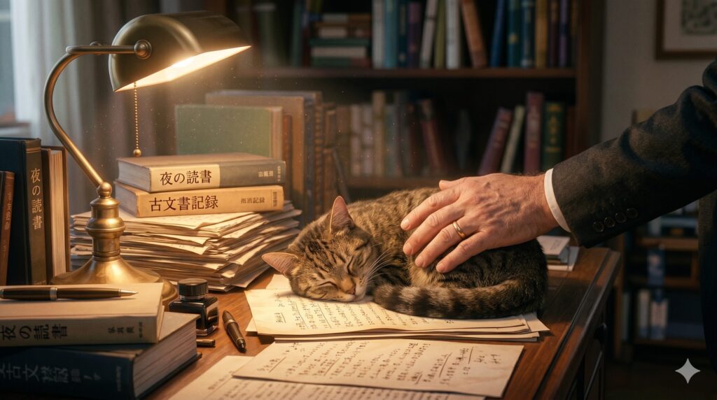 書類が積まれたデスクの上で丸くなる猫と、それを優しく撫でる中年の手元を照らす