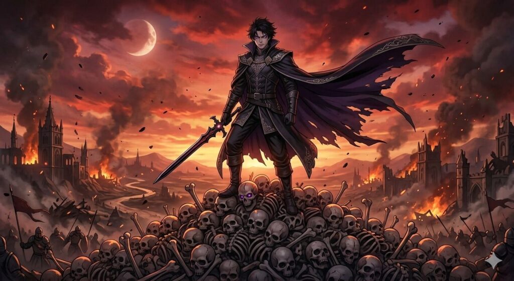 ドクロの山に立つダークヒーロー