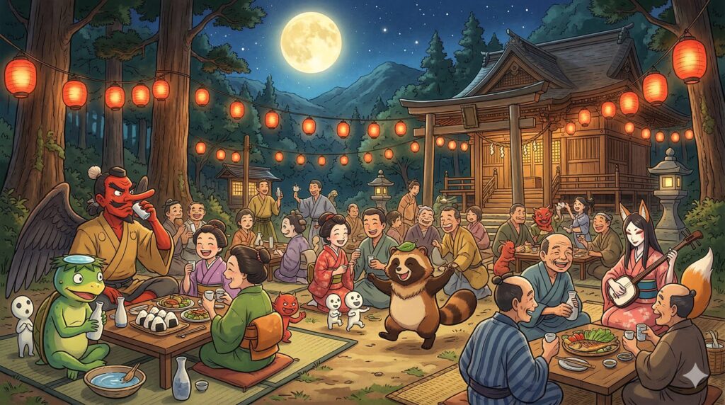 妖怪と人が満月の夜に宴会を開いている様子