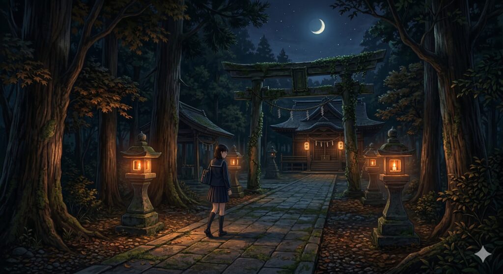 夜の神社を通って怖い感じと懐かしい感じを両方を感じている