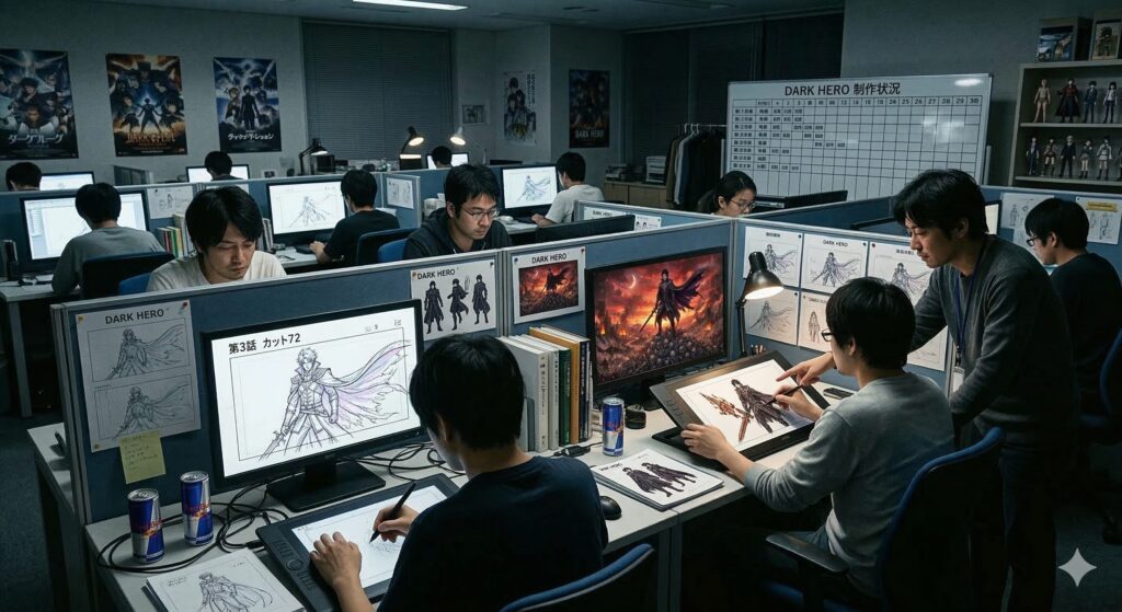 制作会社がアニメを作成しているシーン