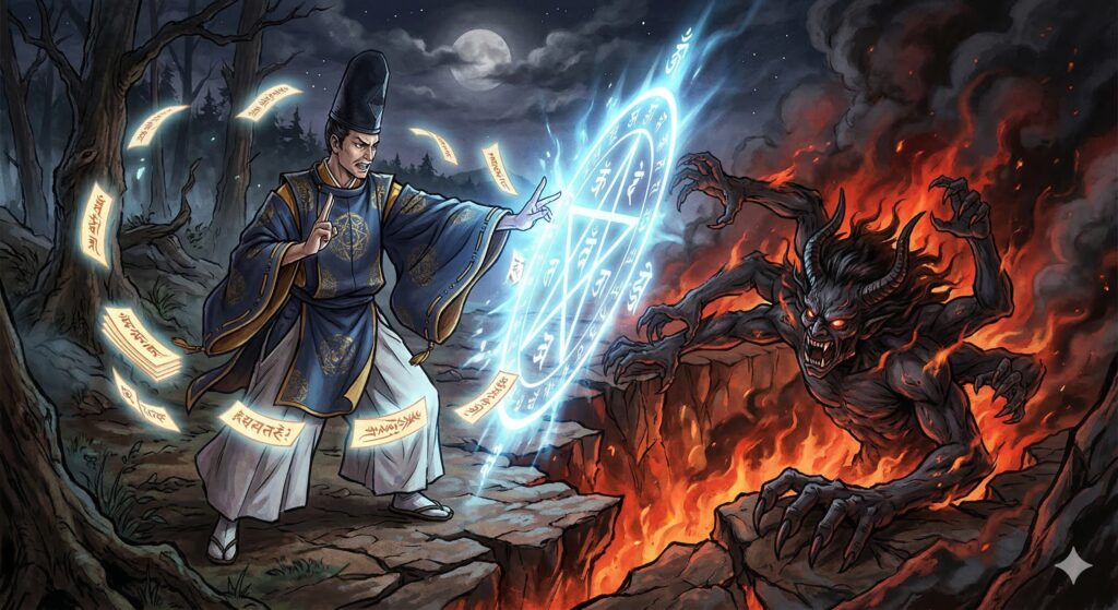 地獄から這い上がってくるあやかしを清明が封印しようとしているシーン