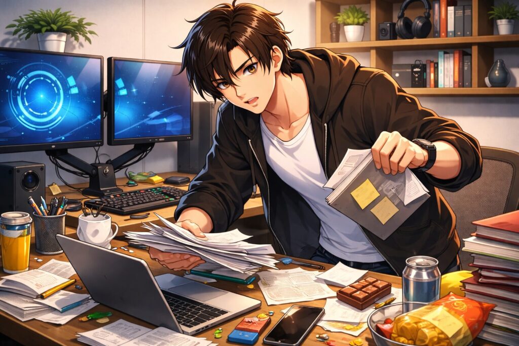 整理整頓できずに探し物をしている様子