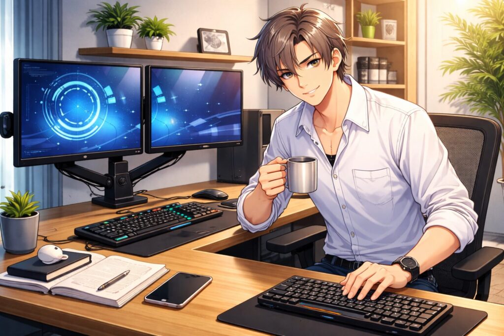 モニターアームを使って快適な様子