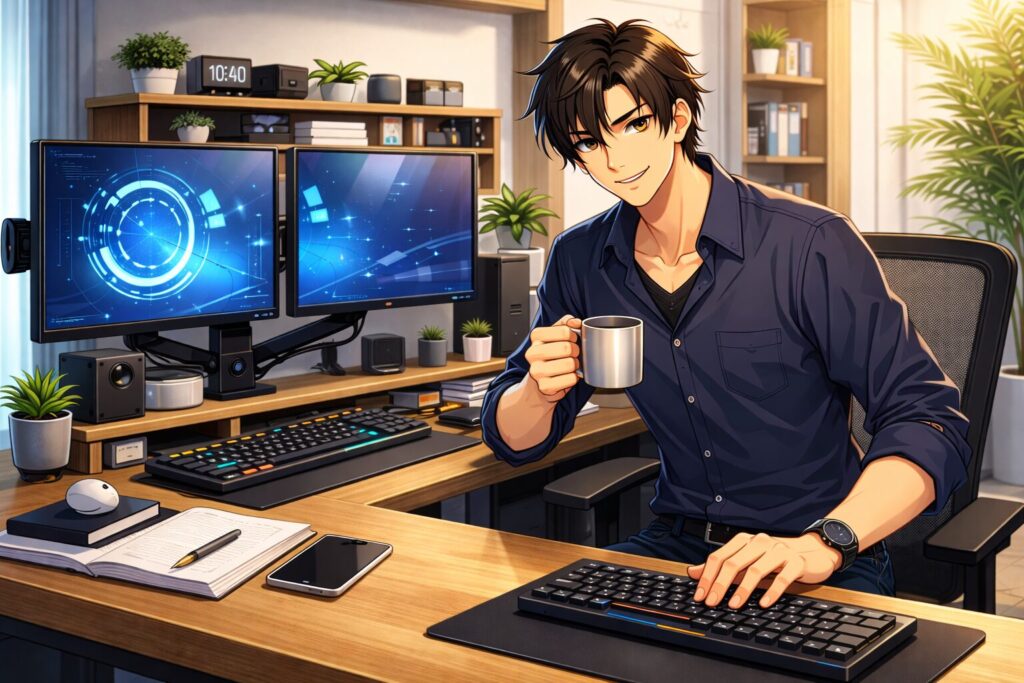 デスクシェルフを使って快適な様子