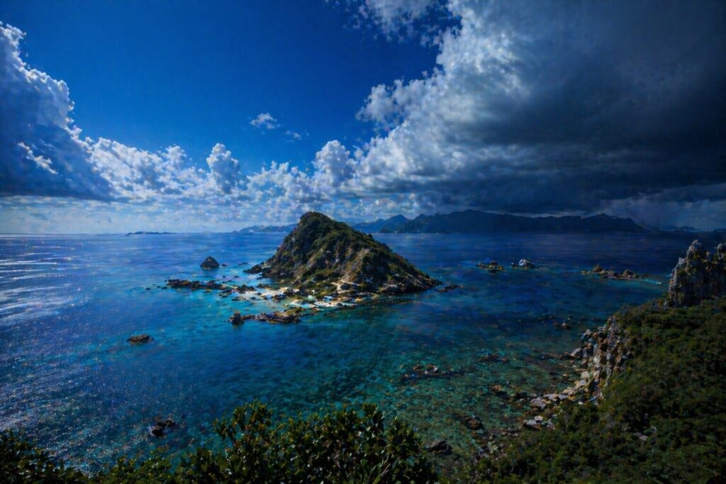 青い空と海、しかしどこか不穏な影が落ちる離島の風景（文字なし）