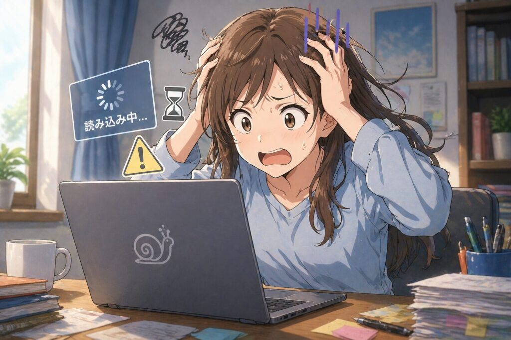 パソコンが重くて焦っている様子