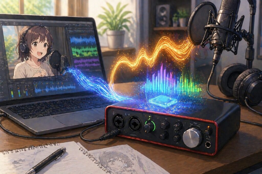 PCの外に置かれたオーディオインターフェイスが、音声を処理しているイメージイラスト。