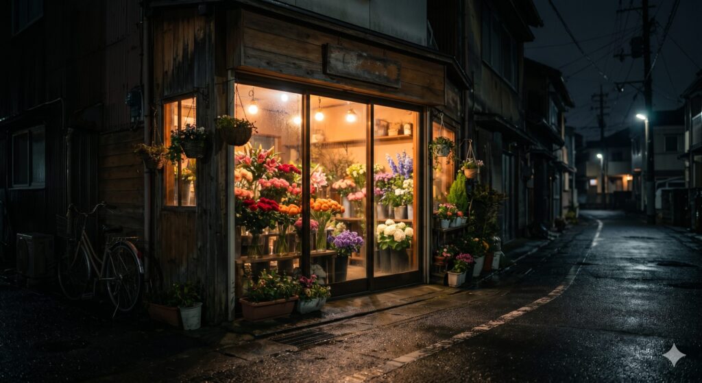 深夜の静かな街角にある小さな花屋。店内の暖色系の光が、暗いアスファルトに漏れ出ている。色とりどりの花がガラス越しに鈍く光る。シネマティック、4K。文字なし。