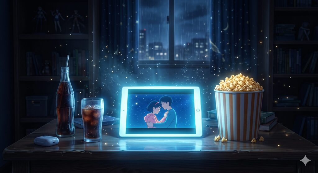  暗い部屋の中、デスクの上に置かれたタブレット端末