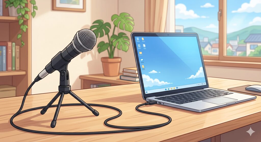マイクとPCが直接ケーブルで繋がっているシンプルなイラスト。