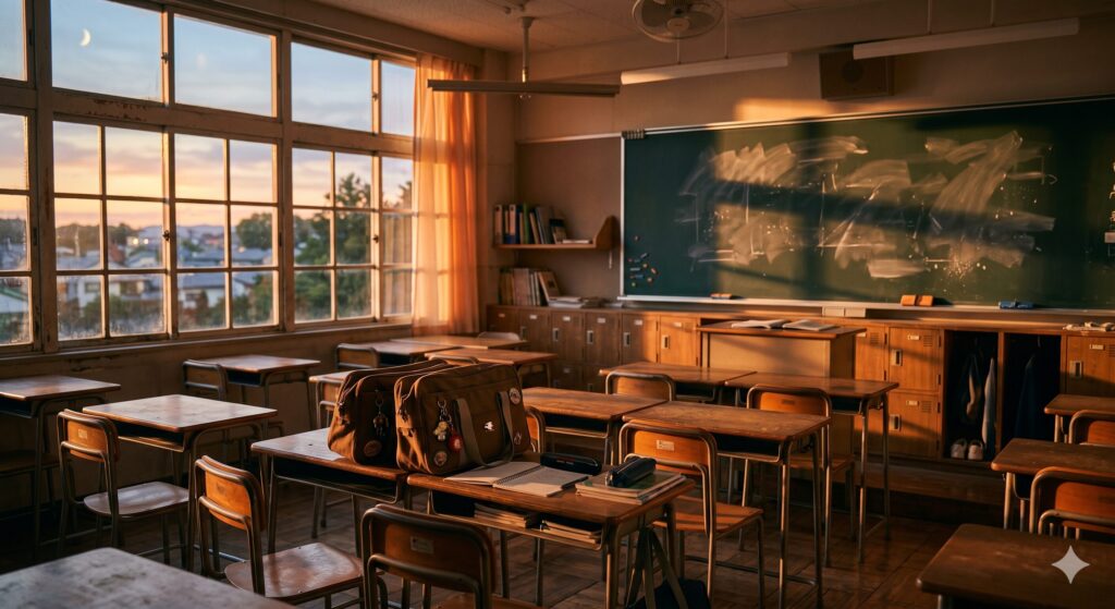 夕暮れの教室。窓から差し込むオレンジ色の光。机の上に無造作に置かれた学生鞄と、チョークの粉が舞う黒板。ノスタルジックでドラマチックなライティング。文字なし。