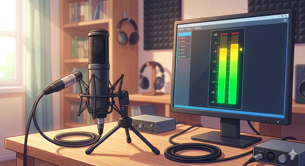 マイクの音量メーターが緑色から黄色の安全圏に収まっているイラスト