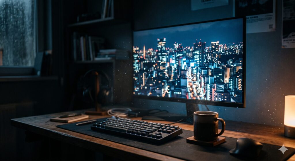 暗い室内、デスクの上に置かれたモニターに都市の夜景が映っている。キーボードの横には冷めたコーヒー。空気中には細かい塵が漂う。シネマティック、被写界深度、ボケ表現。文字なし。