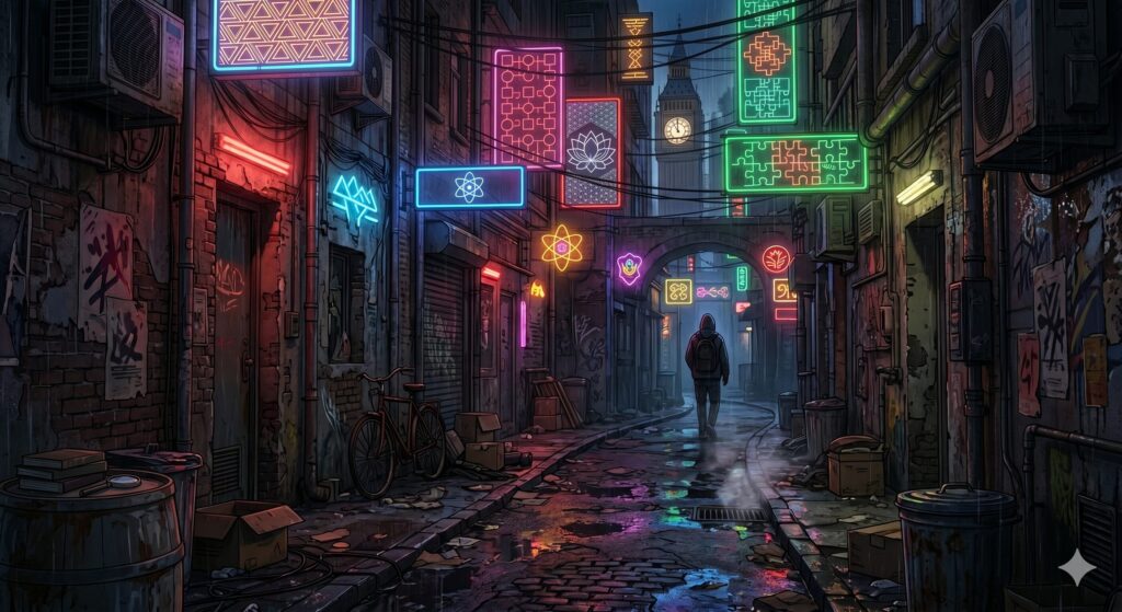 夜のネオンや、少し危険な香りのする裏路地の風景（文字なし）

