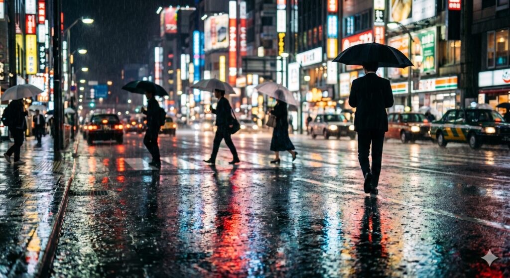 雨の降る東京の夜の街角。傘を差して歩く人々のシルエット。ネオンサインの光が濡れた路面に反射している。シネマティック、被写界深度、ボケ表現。文字なし
