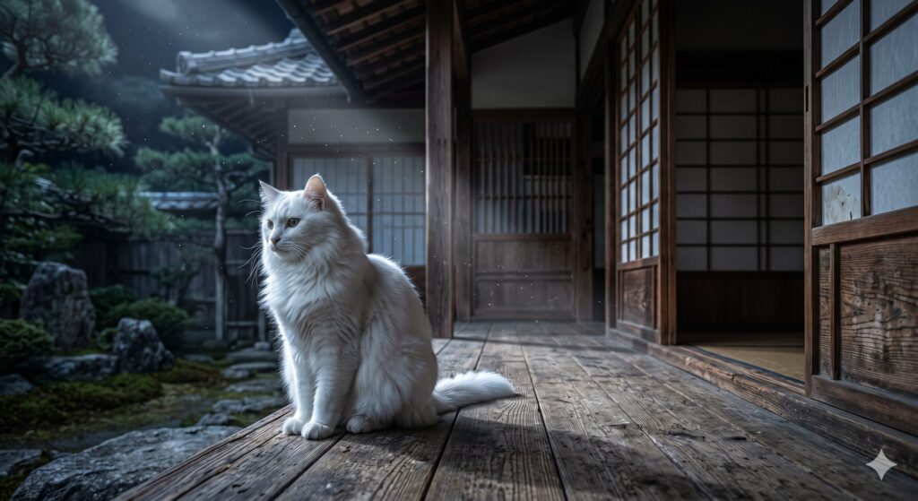 古い日本家屋の縁側。月明かりに照らされた一匹の美しい白猫。毛並みが光と影で立体的に表現されている。空気中には細かい塵が漂う。超高精細、4K。文字なし。
