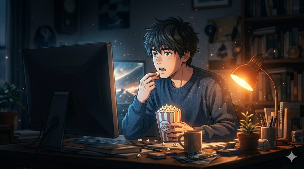 暗い室内、単一の暖色ライトが強く当たる中、ポップコーンを片手にモニターを食い入るように見つめる男性。空気中には細かい光の粒子が漂い、散乱する小物の中で主役が浮かび上がる。シネマティックで高品質な4K画像、文字なし、タトゥーやタバコなし]