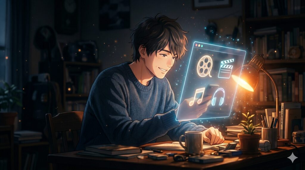 暗い室内、単一の暖色ライトが強く当たる中、映画や音楽のアイコンが浮かぶモニターを見つめる男性。空気中には細かい光の粒子が漂い、散乱する小物の中で主役が浮かび上がる。シネマティックで高品質な4K画像、文字なし、タトゥーやタバコなし]