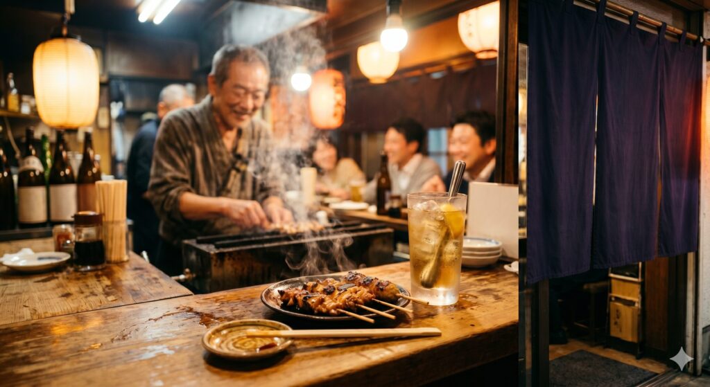 暖簾のかかった小さな居酒屋のカウンター。湯気が立ち上る焼き鳥と、冷えたウーロンハイのグラス。暖色系の温かいライティング、シネマティック、ボケ表現。文字なし