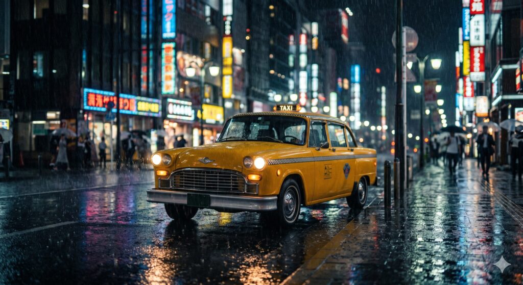 雨の降る夜の都市。ネオンサインが濡れたアスファルトに反射している。黄色いクラシックなタクシーが1台、ヘッドライトを点けて停まっている。シネマティック、被写界深度、ボケ表現。文字なし。