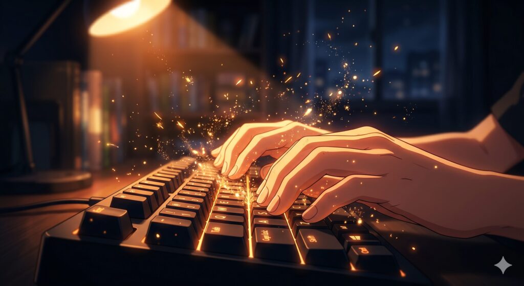 暗い室内、暖かい単一のライトに照らされたPCモニターと散らかったデスク。